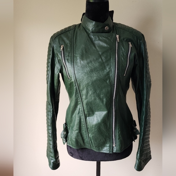 Genuine Leather Jackets & Blazers - Genuine Leather Green Biker Jacket Women's Size M.
